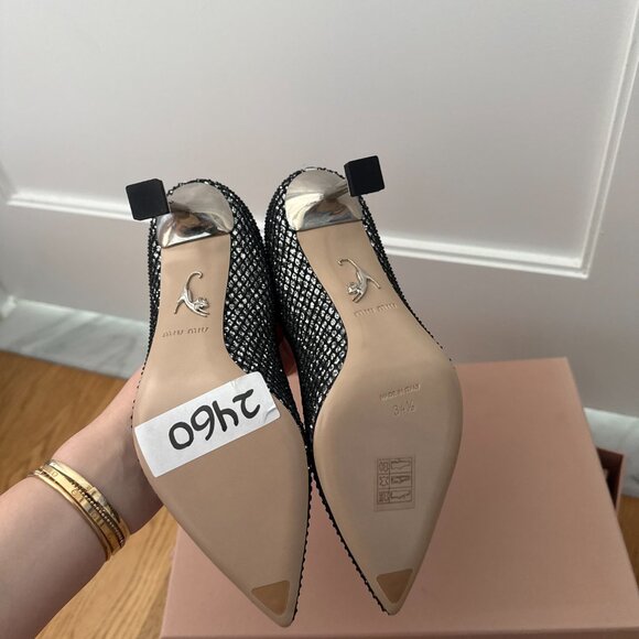 NWT Miu Miu Pointed Toe Pumps Black Mesh Silver Glitter High Heels  34.5 - Picture 10 of 12